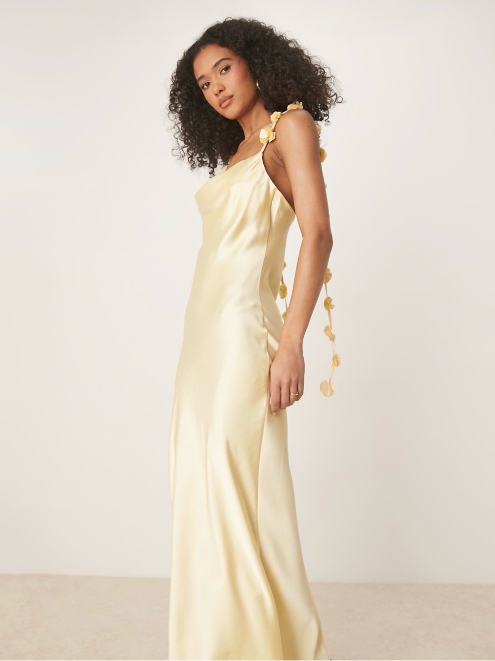 Gina Tricot satin cowl neck dress with 3D floral applique
